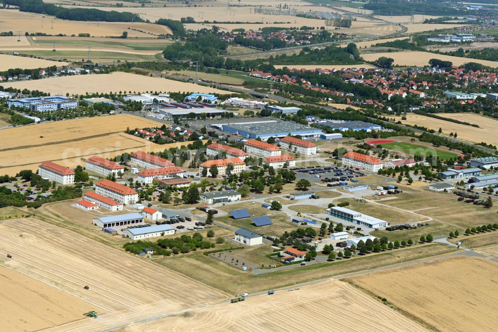 Erfurt from above - Building complex of the German army - Bundeswehr military barracks Henne-Kaserne Erfurt on street Nissaer Weg in the district Daberstedt in Erfurt in the state Thuringia