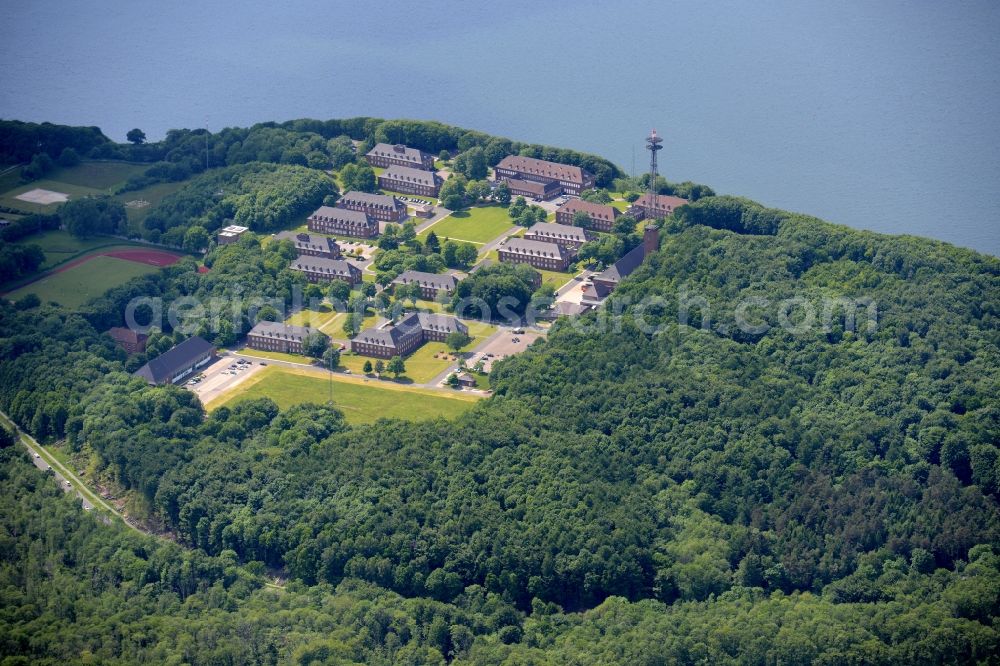 Glücksburg from above - Building complex of the German army - Bundeswehr military barracks the navy in the district Meierwik in Gluecksburg in the state Schleswig-Holstein, Germany