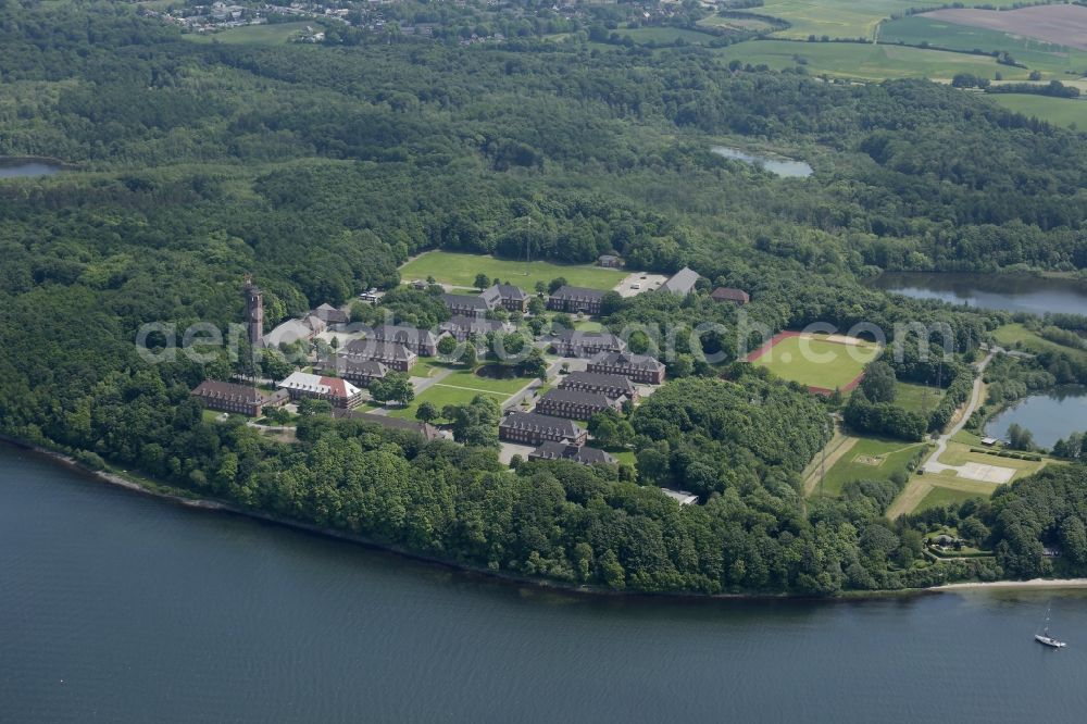 Glücksburg from above - Building complex of the German army - Bundeswehr military barracks the navy in the district Meierwik in Gluecksburg in the state Schleswig-Holstein, Germany