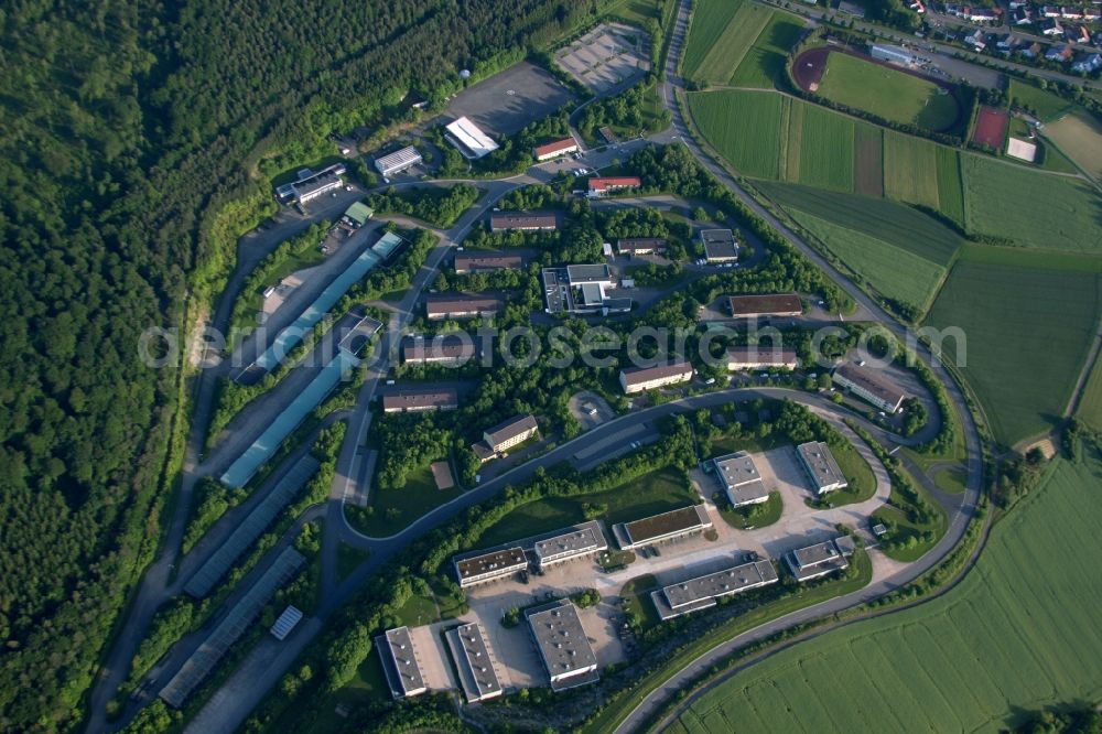 Hardheim from above - Building complex of the German army - Bundeswehr military barracks of Standortuebungsplatzes in Hardheim in the state Baden-Wuerttemberg, Germany