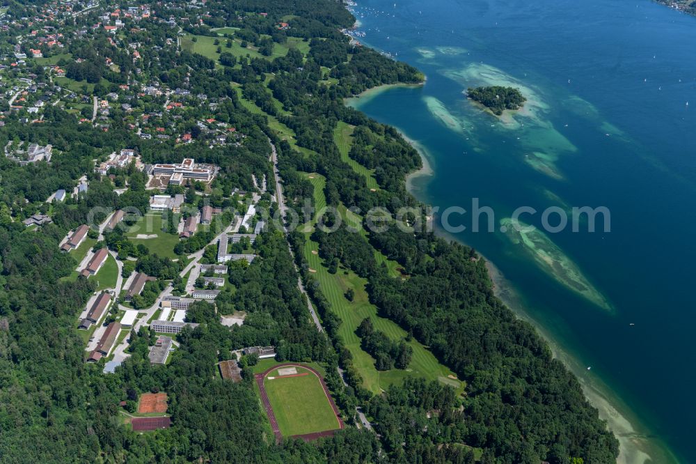 Feldafing from above - Building complex of the German army - Bundeswehr military barracks at the Starnberger See - lake on the Tutzinger Strasse in Feldafing at Bodensee in the state Bavaria, Germany