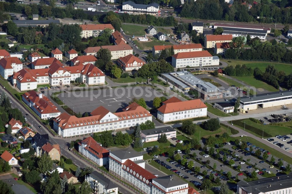 Frankenberg/Sa. from the bird's eye view: Building complex of the German army - Bundeswehr military barracks at the Aeussere Freiberger Strasse in Frankenberg/Sa. in the state Saxony