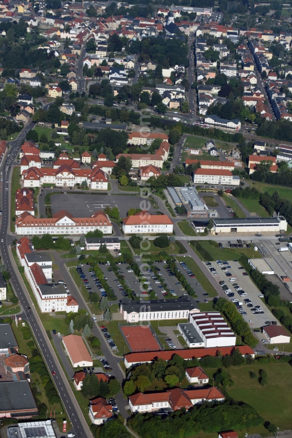 Aerial image Frankenberg/Sa. - Building complex of the German army - Bundeswehr military barracks at the Aeussere Freiberger Strasse in Frankenberg/Sa. in the state Saxony