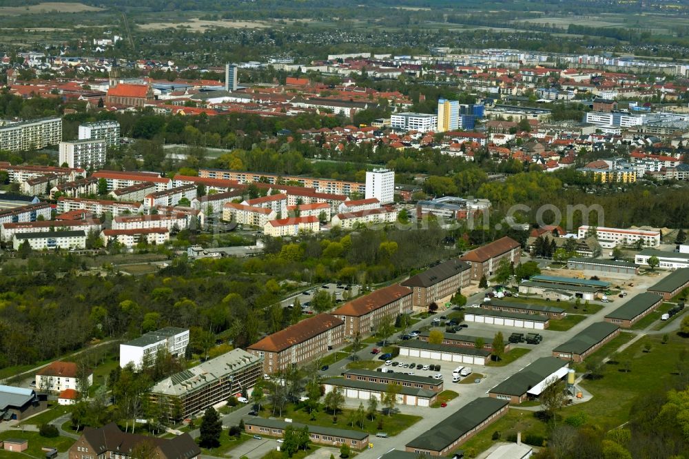 Neubrandenburg from the bird's eye view: Building complex of the German army - Bundeswehr military barracks of Verbanof of Reservisten of Deutschen Bunofwehr e. V. in Neubrandenburg in the state Mecklenburg - Western Pomerania, Germany