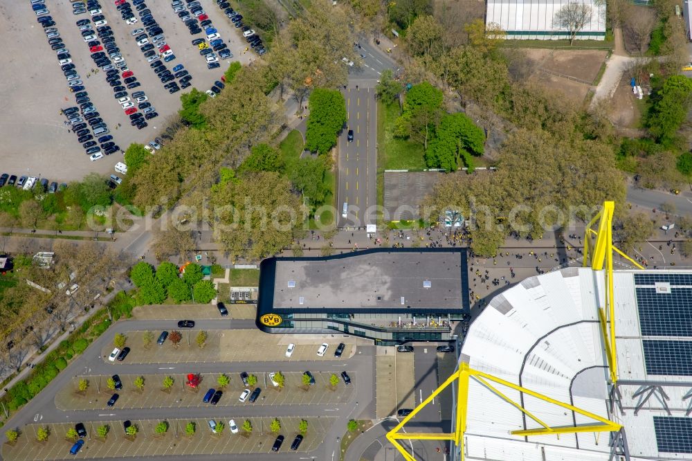 Dortmund from the bird's eye view: Building complex of the BVB-FanWelt at the Strobelallee in Dortmund in the federal state of North Rhine-Westphalia, Germany