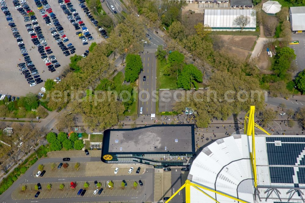 Aerial image Dortmund - Building complex of the BVB-FanWelt at the Strobelallee in Dortmund in the federal state of North Rhine-Westphalia, Germany