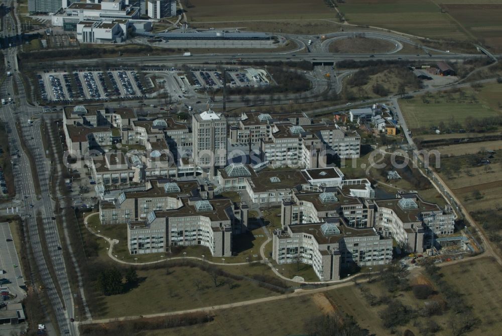 Stuttgart from the bird's eye view: View of the buildings of Daimler AG in Stuttgart in Baden-Wuerttemberg. The company is a manufacturer of cars and commercial vehicles but also provides financial services