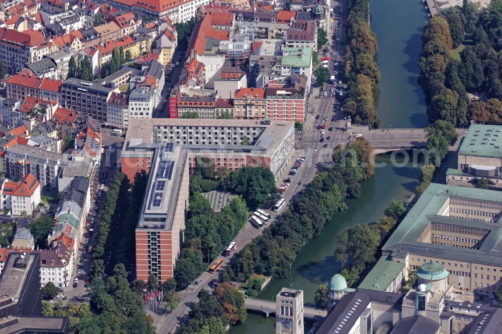 München from above - Administration building of the German Patent Office in Munich in the state of Bavaria. The building complex on the Isar consists of a five-storey atrium building and a twelve-storey high-rise building