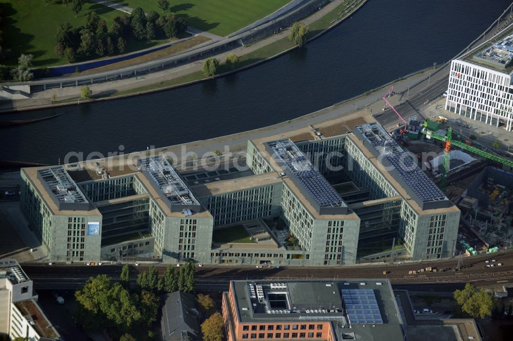 Berlin from the bird's eye view: Building complex of the Ministry for Education and Research BMBF on Kapelleufer in Berlin in Germany. The complex is located on the riverbank of the Spree