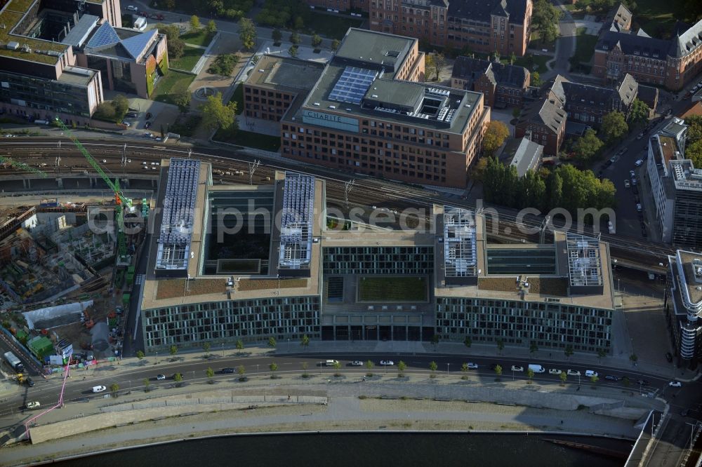 Berlin from above - Building complex of the Ministry for Education and Research BMBF on Kapelleufer in Berlin in Germany. The complex is located on the riverbank of the Spree