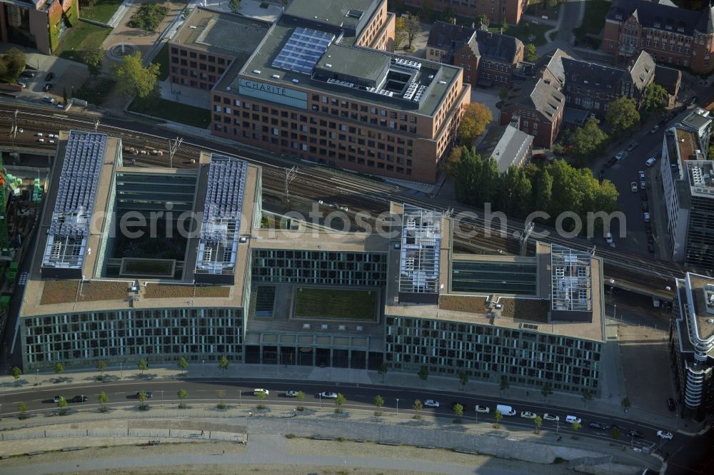 Berlin from the bird's eye view: Building complex of the Ministry for Education and Research BMBF on Kapelleufer in Berlin in Germany. The complex is located on the riverbank of the Spree