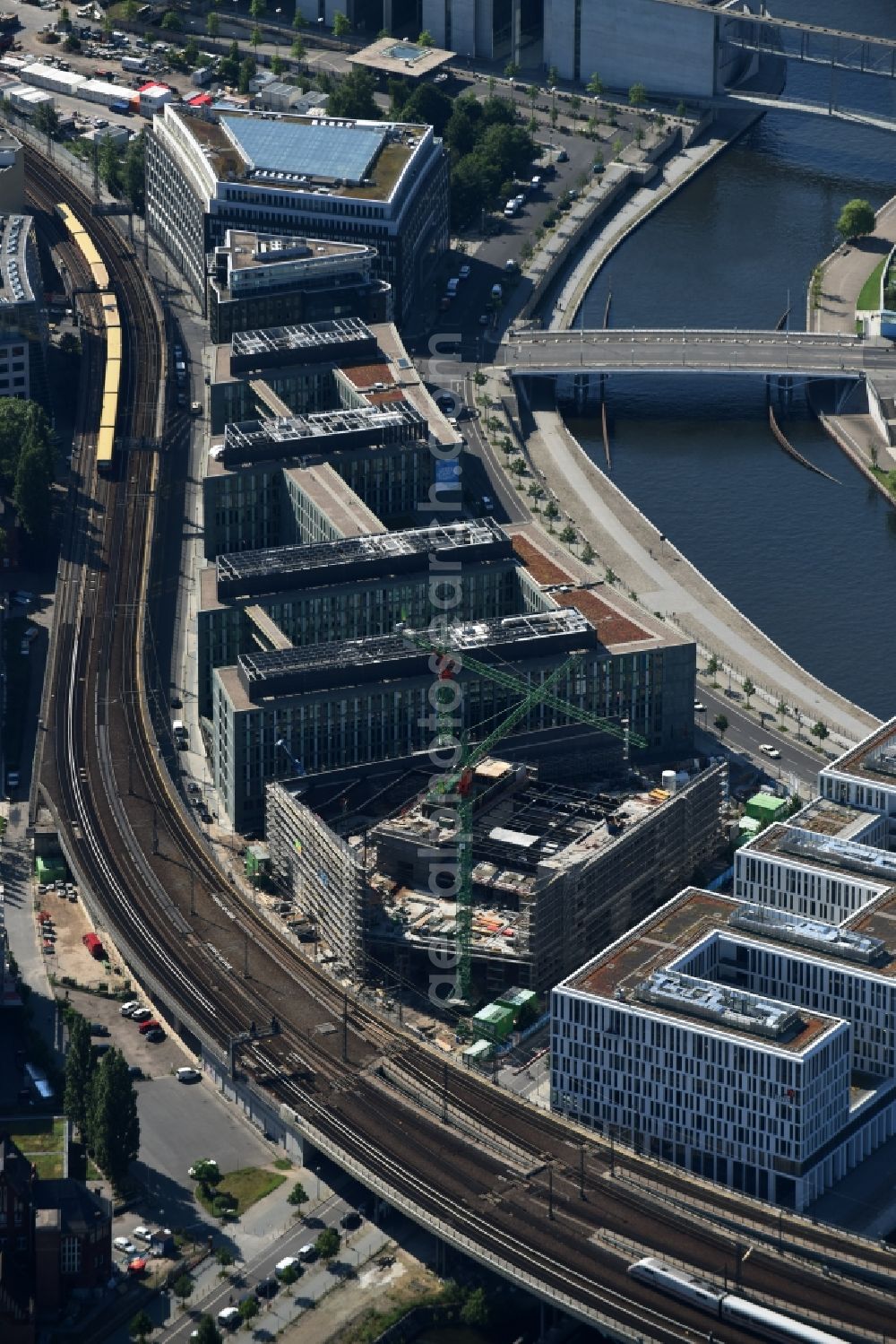 Berlin from above - Building complex of the Ministry for Education and Research BMBF on Kapelleufer in Berlin in Germany. The complex is located on the riverbank of the Spree