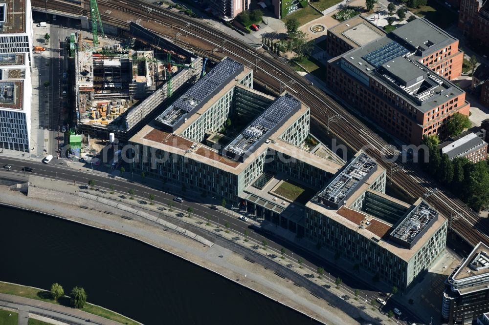 Berlin from the bird's eye view: Building complex of the Ministry for Education and Research BMBF on Kapelleufer in Berlin in Germany. The complex is located on the riverbank of the Spree