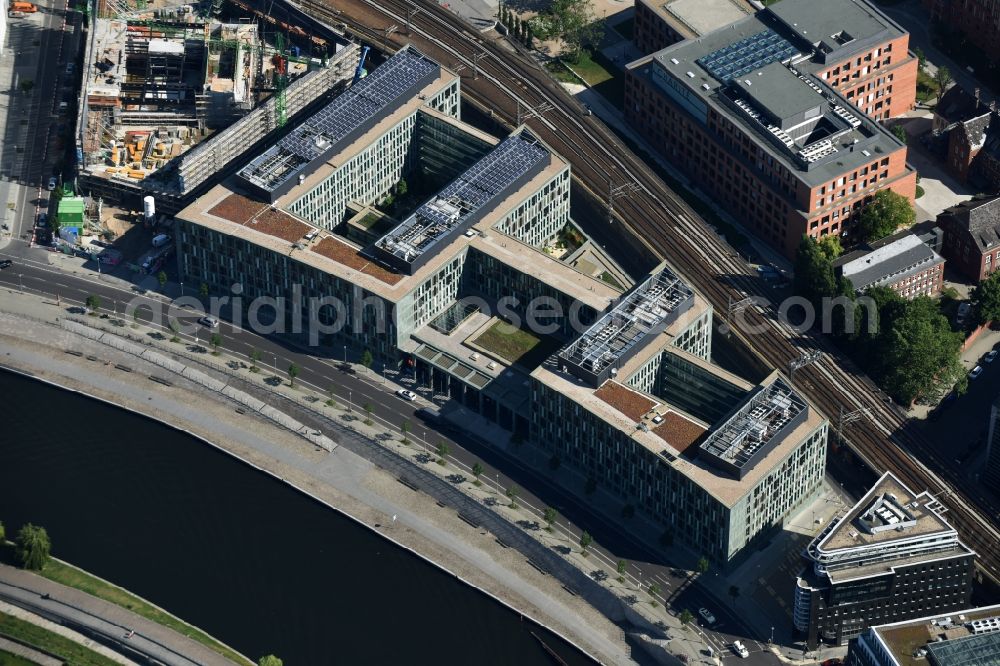 Aerial image Berlin - Building complex of the Ministry for Education and Research BMBF on Kapelleufer in Berlin in Germany. The complex is located on the riverbank of the Spree