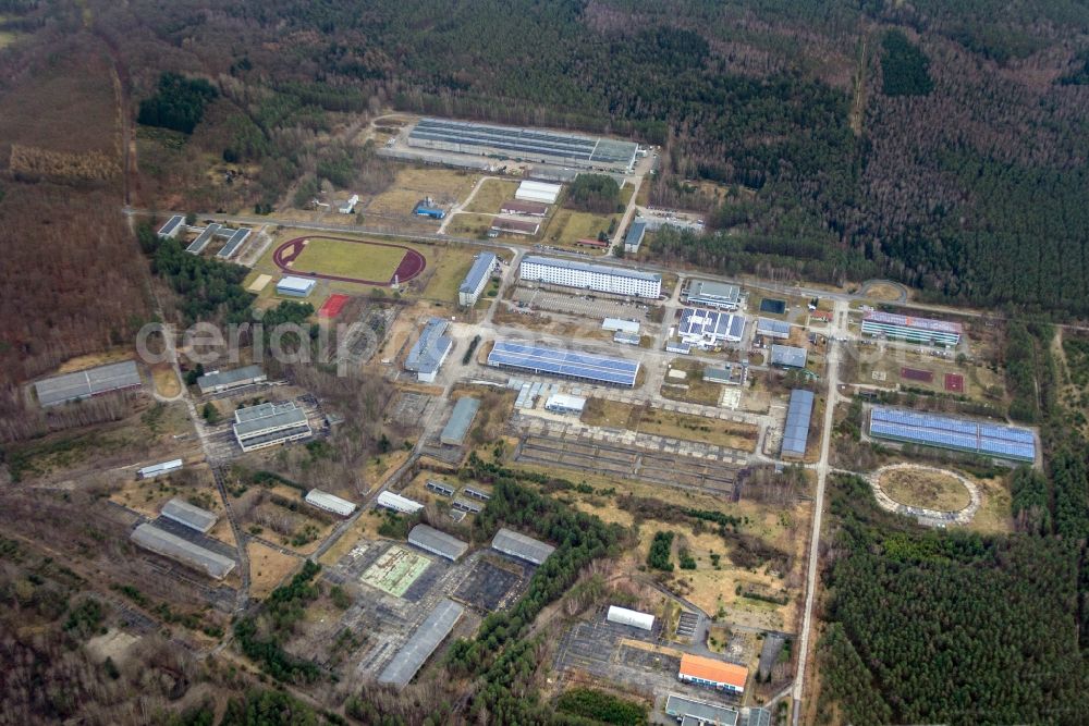 Doberlug-Kirchhain from the bird's eye view: Building complex of the German army - Bundeswehr military barracks ehem. Lausitz-Kaserne in Doberlug-Kirchhain in the state Brandenburg, Germany