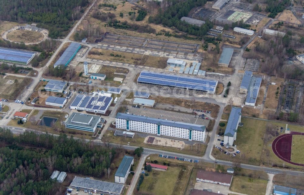 Doberlug-Kirchhain from above - Building complex of the German army - Bundeswehr military barracks ehem. Lausitz-Kaserne in Doberlug-Kirchhain in the state Brandenburg, Germany