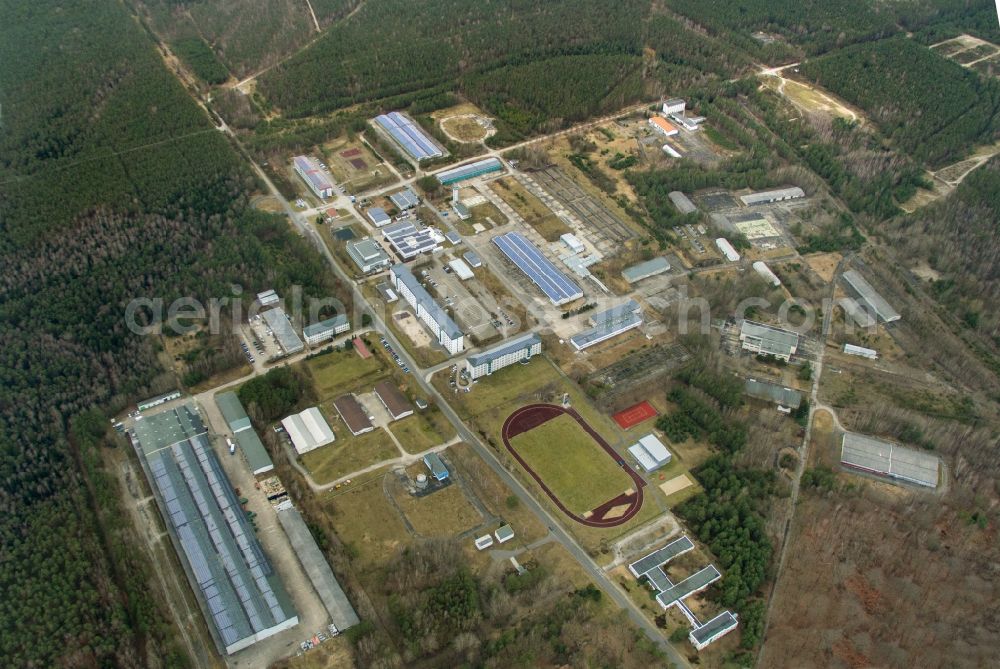 Doberlug-Kirchhain from the bird's eye view: Building complex of the German army - Bundeswehr military barracks ehem. Lausitz-Kaserne in Doberlug-Kirchhain in the state Brandenburg, Germany