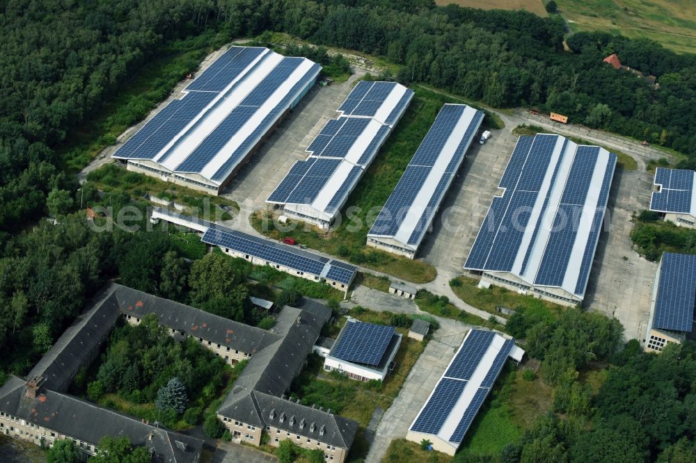 Alaunwerk from above - Complex and former munitions depots of Intent with photovoltaic solar systems warehouse building of the former barracks in Heide Alaunwerk in Saxony