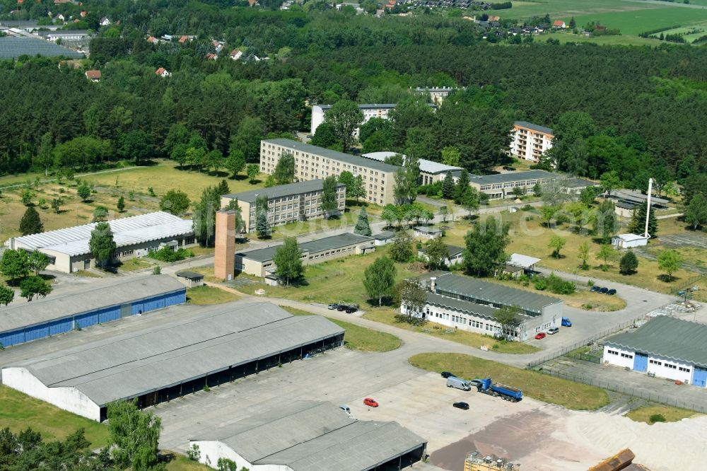 Damsdorf from above - Complex of buildings of the former armed forces the military barracks in village Dams in the federal state Brandenburg, Germany