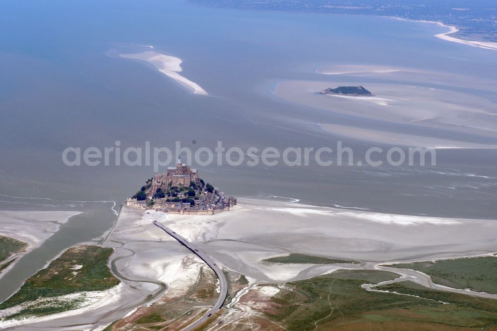 Le Mont-Saint-Michel from the bird's eye view: Building complex of the former monastery and Benedictine abbey in Le Mont-Saint-Michel in Normandy, France