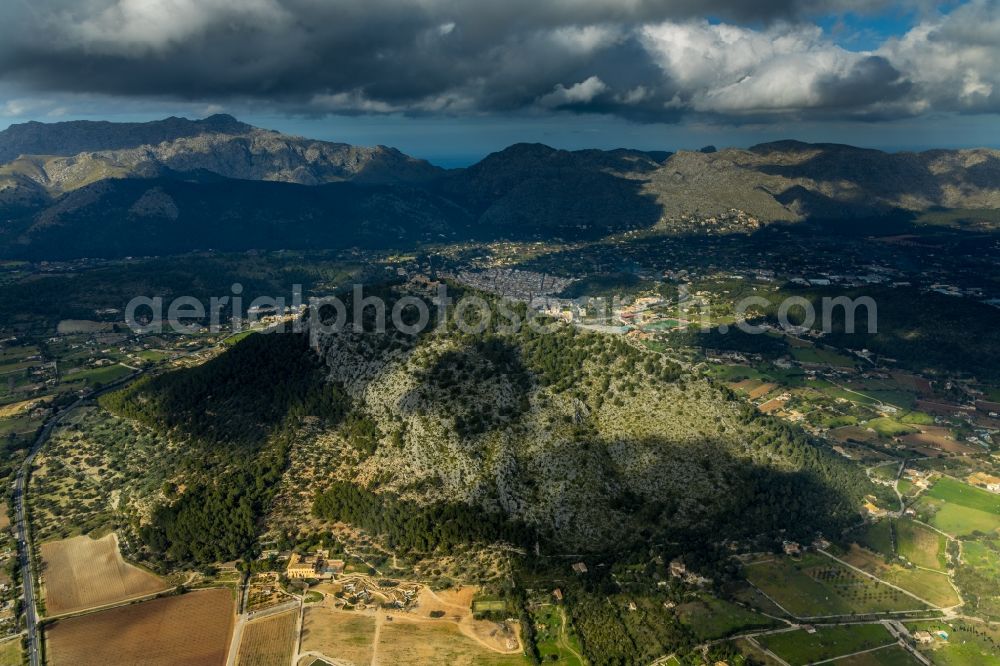 Pollensa from the bird's eye view: Building complex of the former monastery and today hostel Santuari de la Mare de Deu del Puig in Pollensa in Islas Baleares, Spain