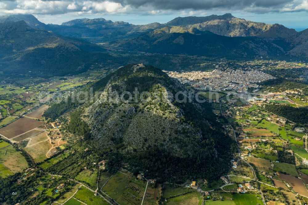 Aerial image Pollensa - Building complex of the former monastery and today hostel Santuari de la Mare de Deu del Puig in Pollensa in Islas Baleares, Spain