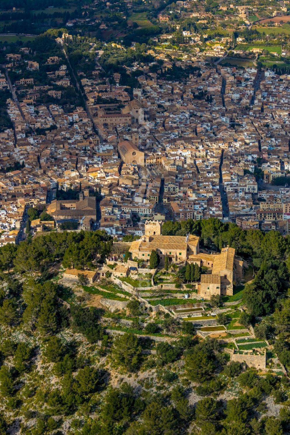 Aerial image Pollensa - Building complex of the former monastery and today hostel Santuari de la Mare de Deu del Puig in Pollensa in Islas Baleares, Spain