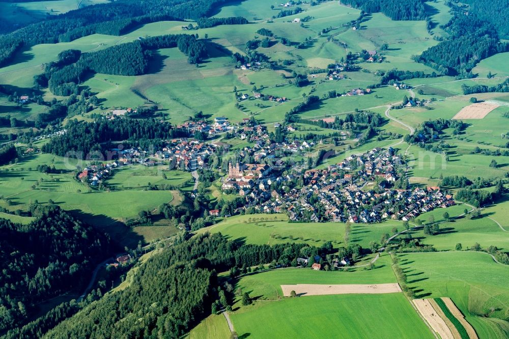 Aerial image Sankt Peter - Building complex of the former monastery and today Kirche with Ortskern in Sankt Peter in the state Baden-Wuerttemberg, Germany