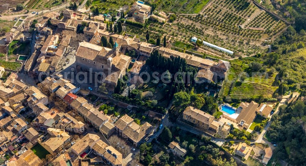 Aerial image Valldemossa - Building complex of the former monastery and today's museum of Kartause von Valldemossa on Placa Cartoixa in Valldemossa in Balearische Insel Mallorca, Spain