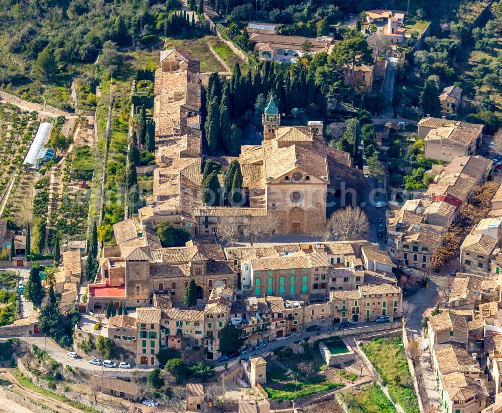 Aerial image Valldemossa - Building complex of the former monastery and today's museum of Kartause von Valldemossa on Placa Cartoixa in Valldemossa in Balearische Insel Mallorca, Spain