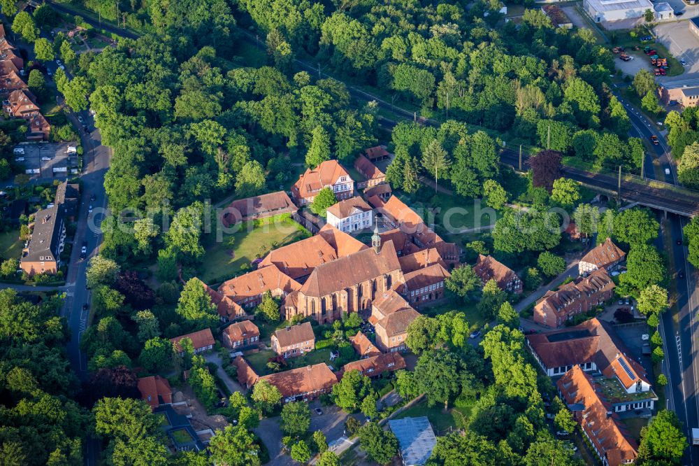 Lüneburg from above - Building complex of the former monastery Kloster Luene on street Luener Kirchweg in Lueneburg in the state Lower Saxony, Germany