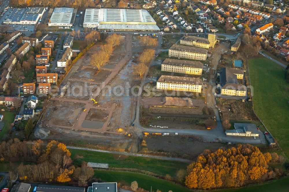 Soest from the bird's eye view: Building complex of the former military barracks Adon- Kaserne on Meisinger Weg in Soest in the state North Rhine-Westphalia, Germany