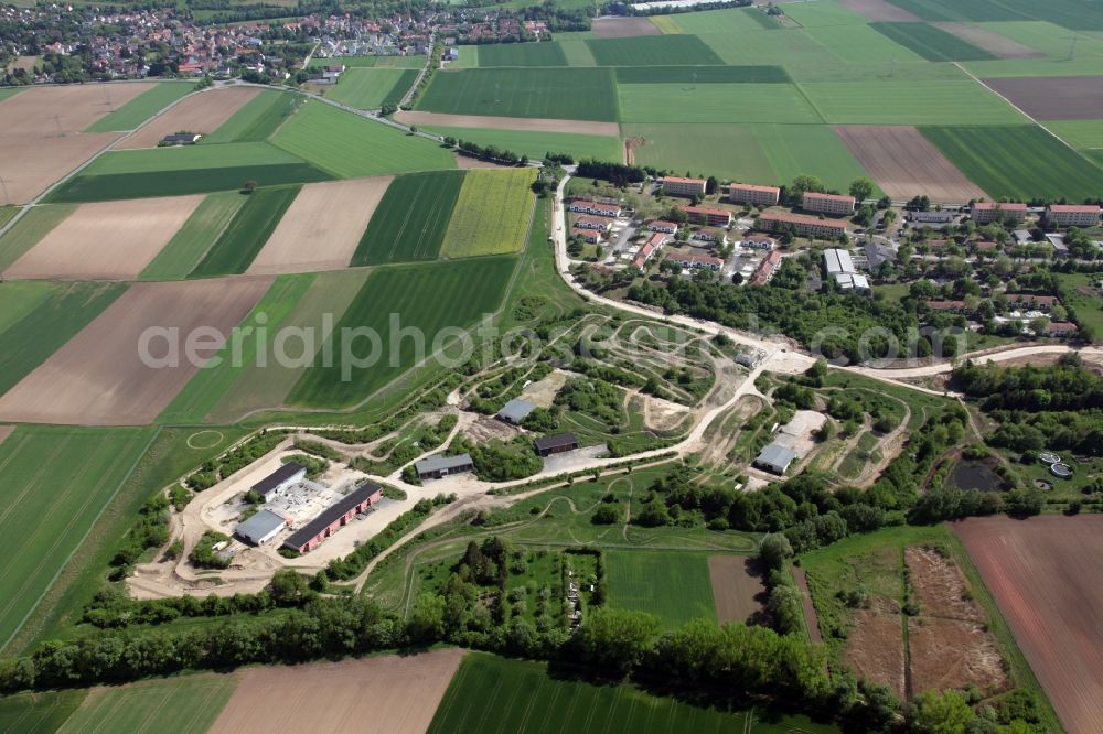 Nierstein from the bird's eye view: Building complex of the former military barracks US Army Anderson Barracks Dexheim in Nierstein in the state Rhineland-Palatinate. Currently, the site is being converted into a Rhein-Selz-Park. Among other things, an off-road test track is to be created here. The terrain could thus become a large leisure residence