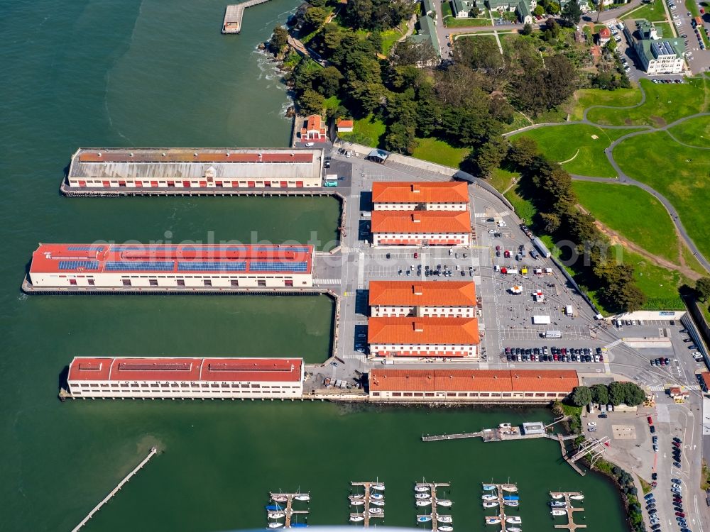 Aerial image San Francisco - Building complex of the former military barracks Fort Mason - San Francisco Port of Embarkation of US Army in San Francisco in California, USA