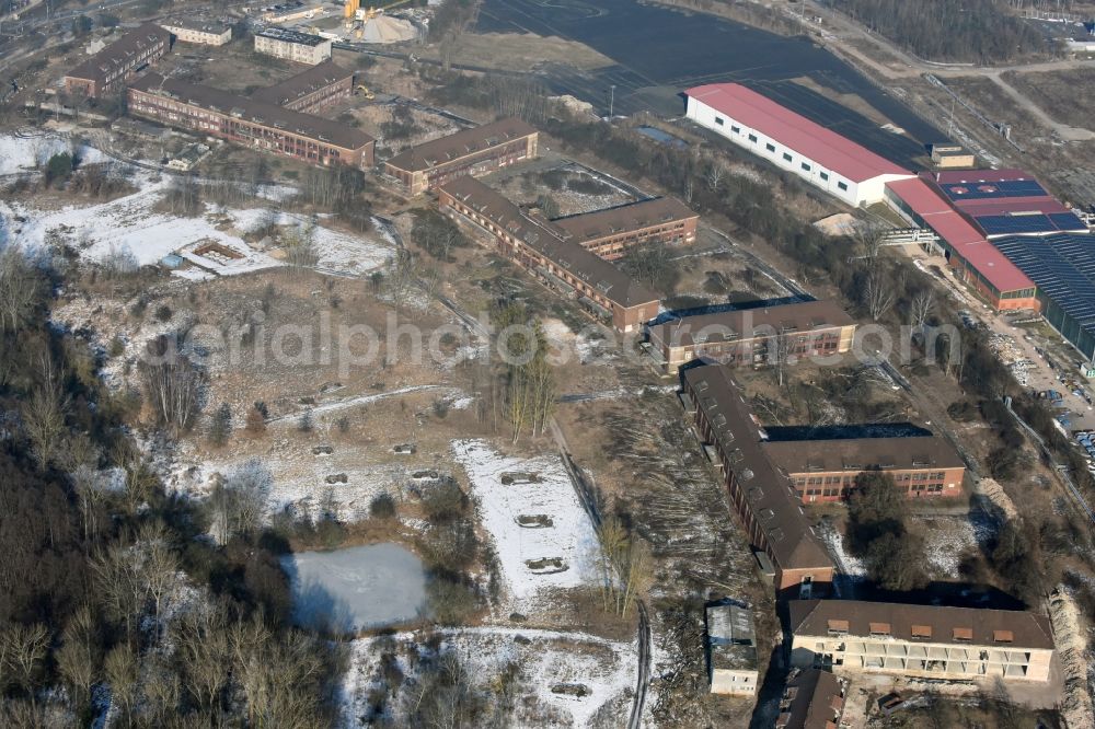 Bernau from the bird's eye view: Building complex of the former military barracks of Heeresbekleidungsamt Schoenfelder Weg in Bernau in the state Brandenburg