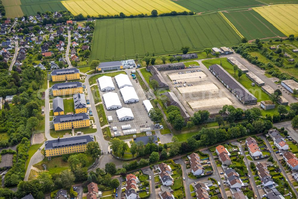 Soest from above - Subsequent use of the building complex of the former barracks Kanaal van Wessem Kaserne on the street Belgierweg and refugee accommodation in Soest in the state North Rhine-Westphalia, Germany