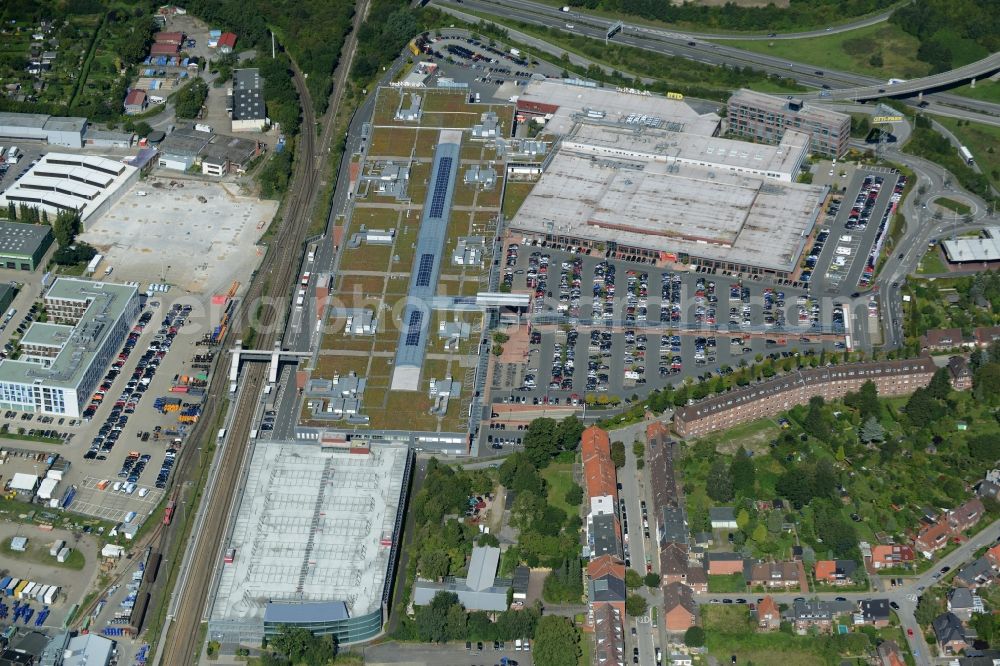 Aerial image Kiel - Building complex of the shopping mall Citti-Park in Kiel in the state of Schleswig-Holstein. The shopping mall is located right at the train station Kiel-Hassee CITTI-PARK and includes a parking lot