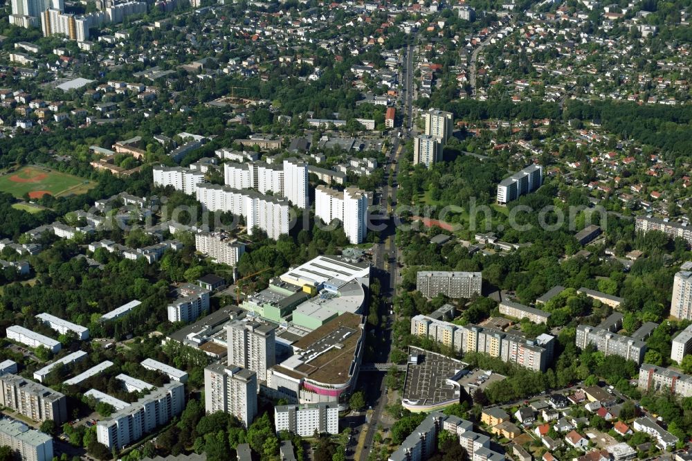 Berlin from above - Building complex of the shopping mall Gropius Passagen in the Gropiusstadt part of the district of Neukoelln in Berlin in Germany. The mall is located on Johannisthaler Chaussee amidst residential areas