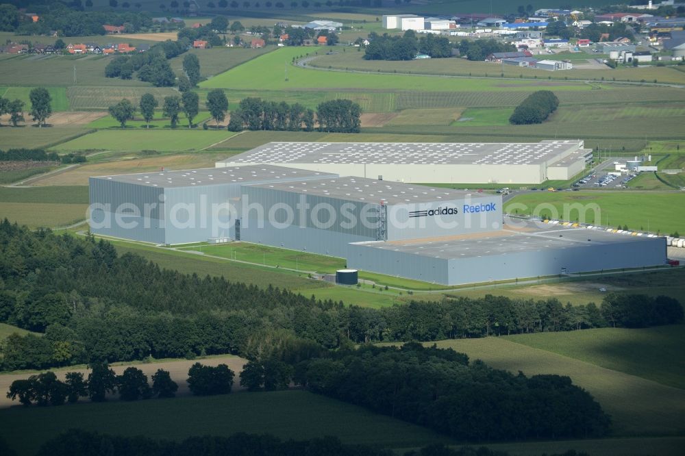 Aerial image Rieste - Building complex and grounds of the logistics center adidas Reebok in the industrial area Niedersachsenpark in Rieste in the state Lower Saxony