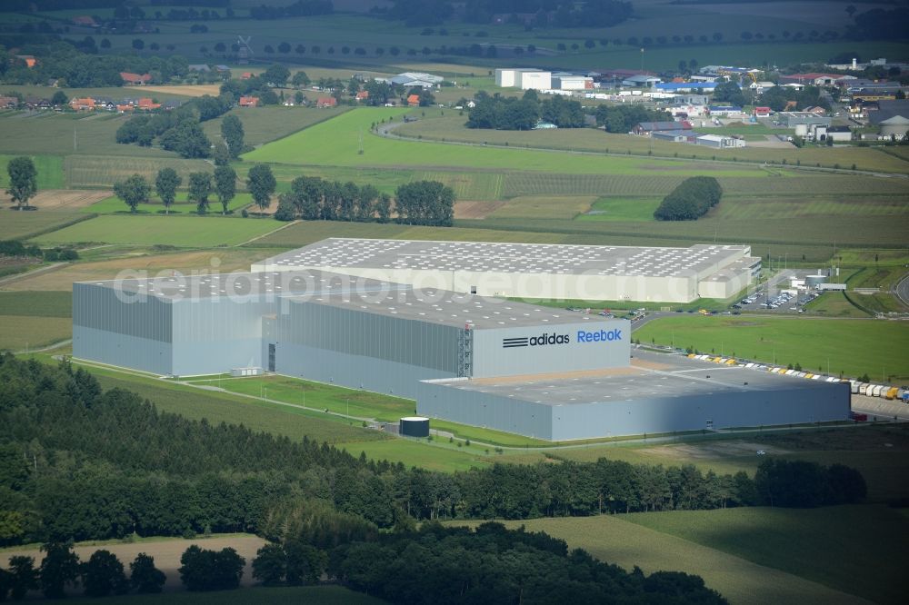 Aerial photograph Rieste - Building complex and grounds of the logistics center adidas Reebok in the industrial area Niedersachsenpark in Rieste in the state Lower Saxony