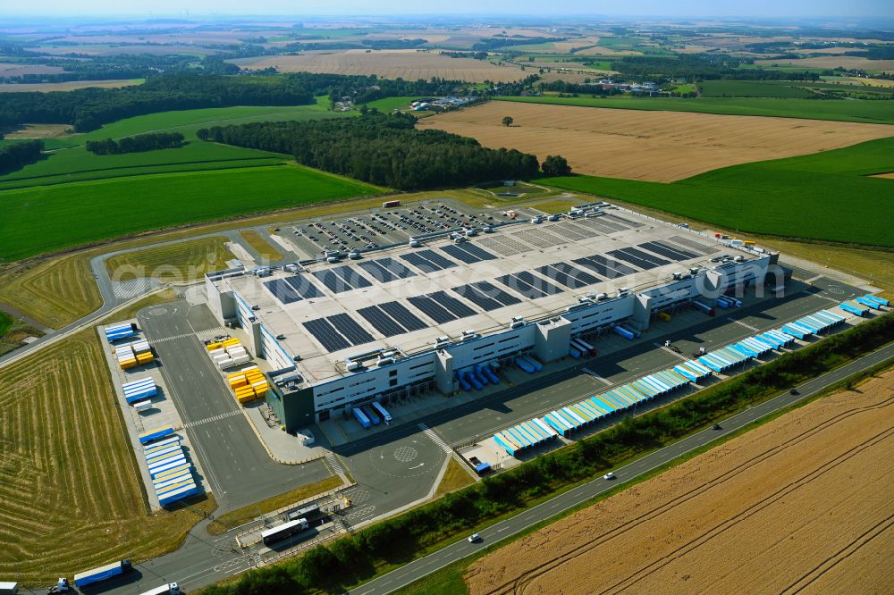 Aerial image Cretzschwitz - Building complex and grounds of the logistics center Amazon in Cretzschwitz in the state Thuringia, Germany