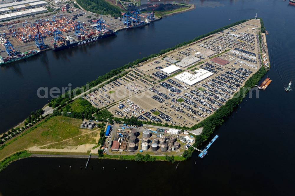 Hamburg from above - Premises of the distribution center of BLG Autoterminal Hamburg Gmbh&Co.KG with parking lots on the Kattwyk peninsula in Hamburg in Germany. The peninsula is located between Rethe and South Elbe rivers and in front of the borough of Altenwerder