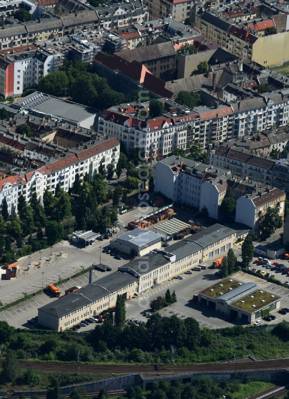 Berlin from the bird's eye view: Building complex and grounds of the logistics center BSR Recyclinghof on Behmstrasse in Berlin