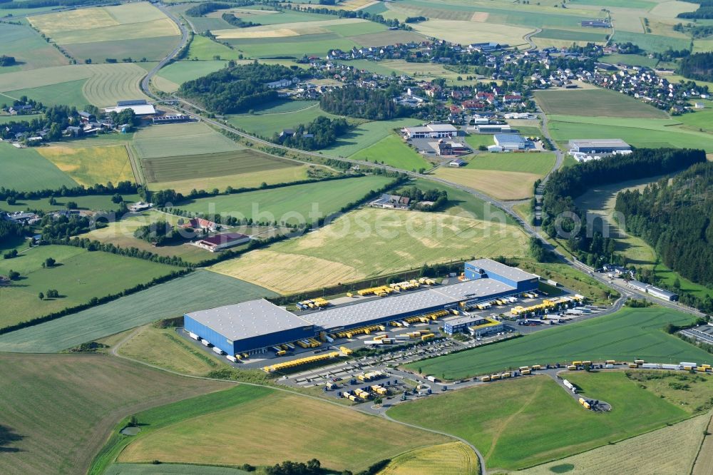 Feilitzsch from above - Building complex and grounds of the logistics center of DACHSER SE on Thomas-Dachser-Strasse in Feilitzsch in the state Bavaria, Germany