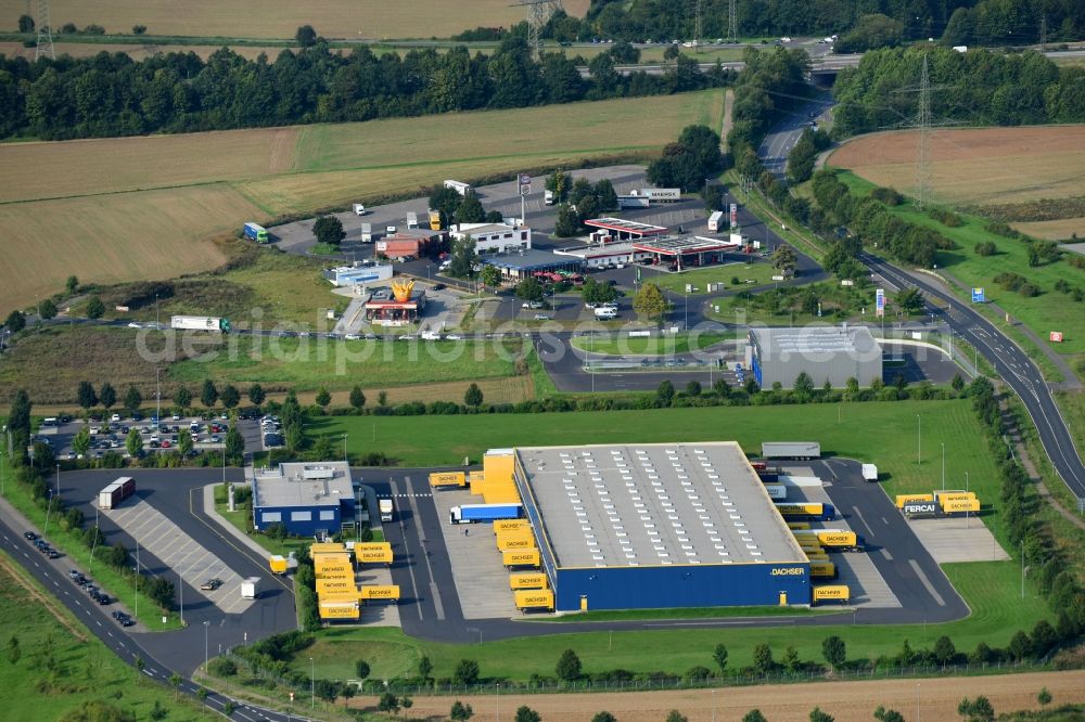 Koblenz from the bird's eye view: Building complex and grounds of the logistics center of DACHSER SE on Zaunheimer Strasse in Koblenz in the state Rhineland-Palatinate, Germany