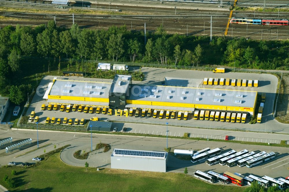 Rostock from the bird's eye view: Building complex and grounds of the logistics center of Deutsche Post AG on Erich-Schlesinger-Strasse in Rostock in the state Mecklenburg - Western Pomerania, Germany