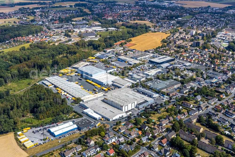 Aerial photograph Menden (Sauerland) - Building complex and grounds of the logistics center of DHL Freight GmbH in Menden (Sauerland) in the state North Rhine-Westphalia, Germany