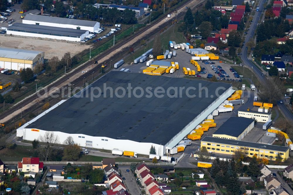 Aerial image Oranienburg - Building complex and grounds of the logistics center of DHL GmbH in the district Sachsenhausen in Oranienburg in the state Brandenburg, Germany