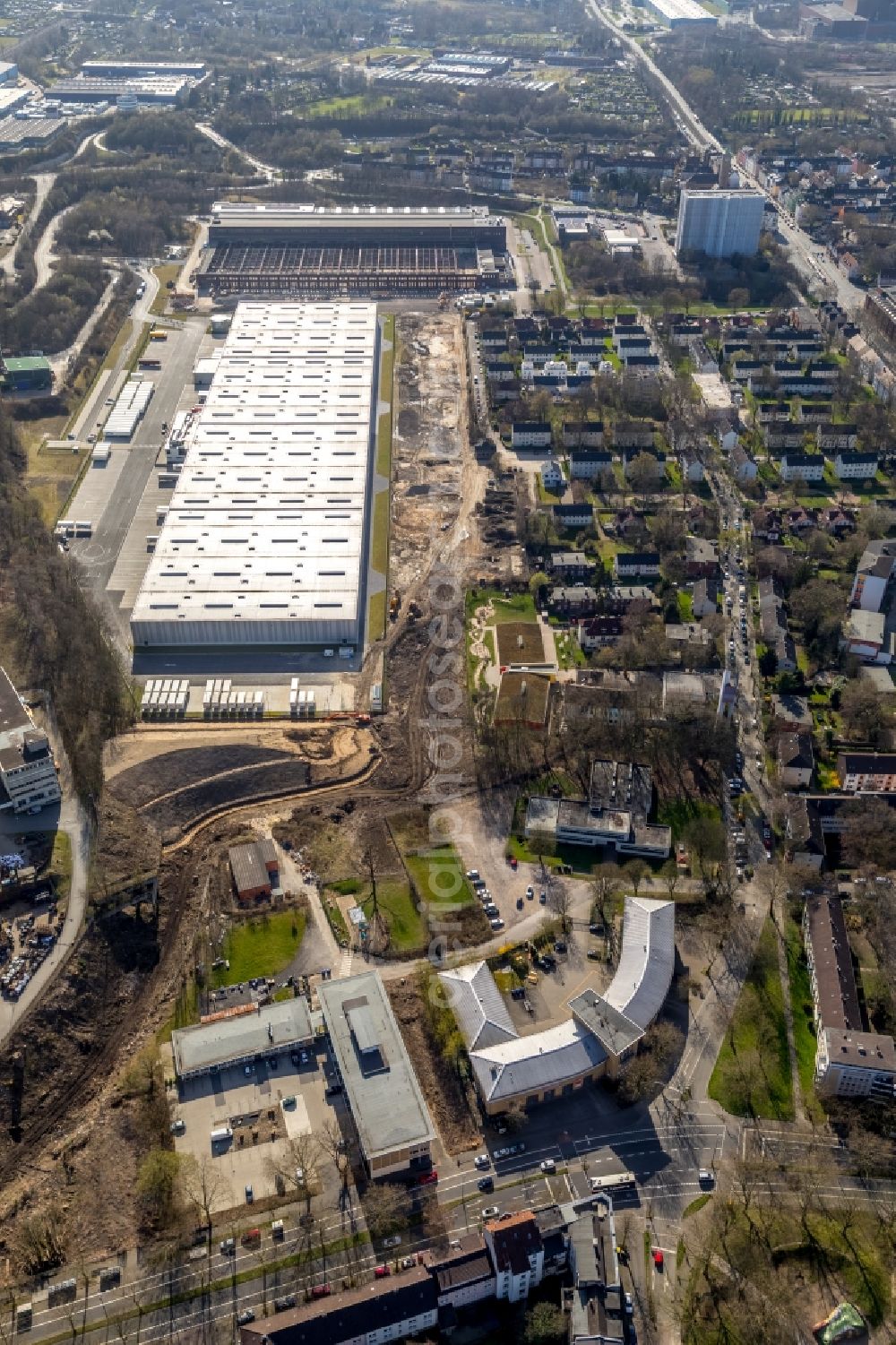 Bochum from the bird's eye view: Building complex and grounds of the logistics center of DSV Air & Sea GmbH in Bochum in the state North Rhine-Westphalia, Germany