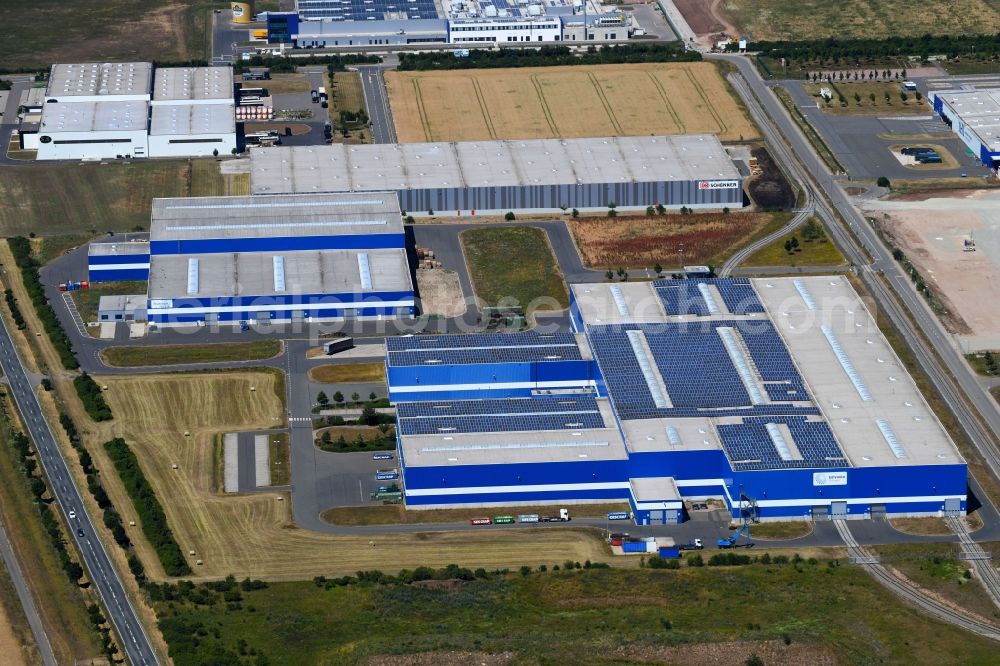 Arnstadt from above - Building complex and grounds of the logistics center of Gonvauto Thueringen GmbH on Wolff-Knippenberg-Strasse in Arnstadt in the state Thuringia, Germany